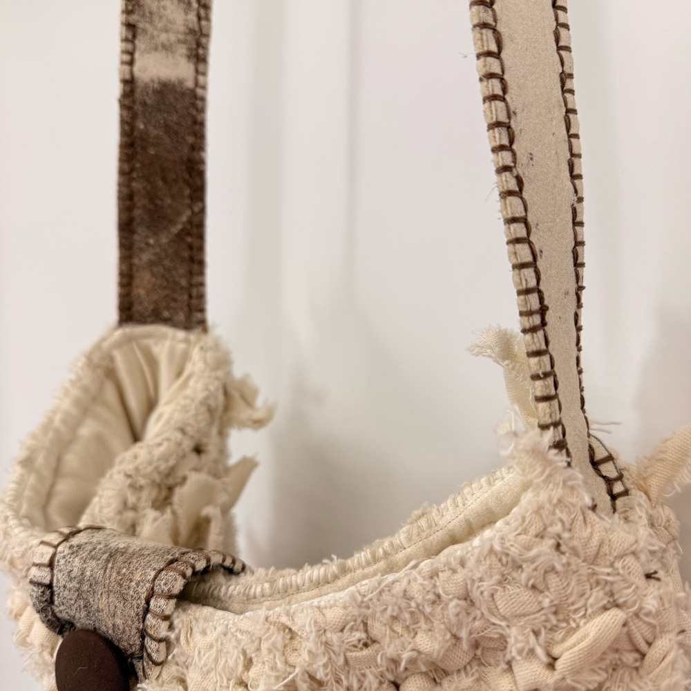 Handmade Boho Crochet Crossbody Bag Leather Trim‎ Satin Lined Neutral Rustic - Picture 6 of 15